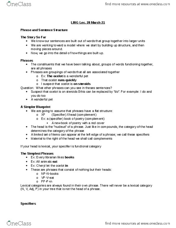 LING 201 Lecture Notes - Lecture 28: Part Of Speech, Nonpast Tense, Inflection thumbnail