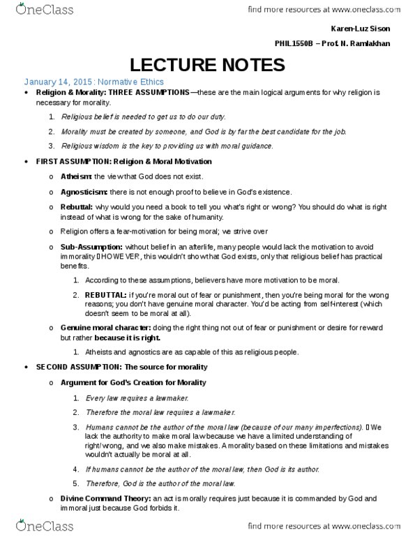 PHIL 1550 Lecture Notes - Lecture 3: Moral Authority, Human Nature, Divine Command Theory thumbnail