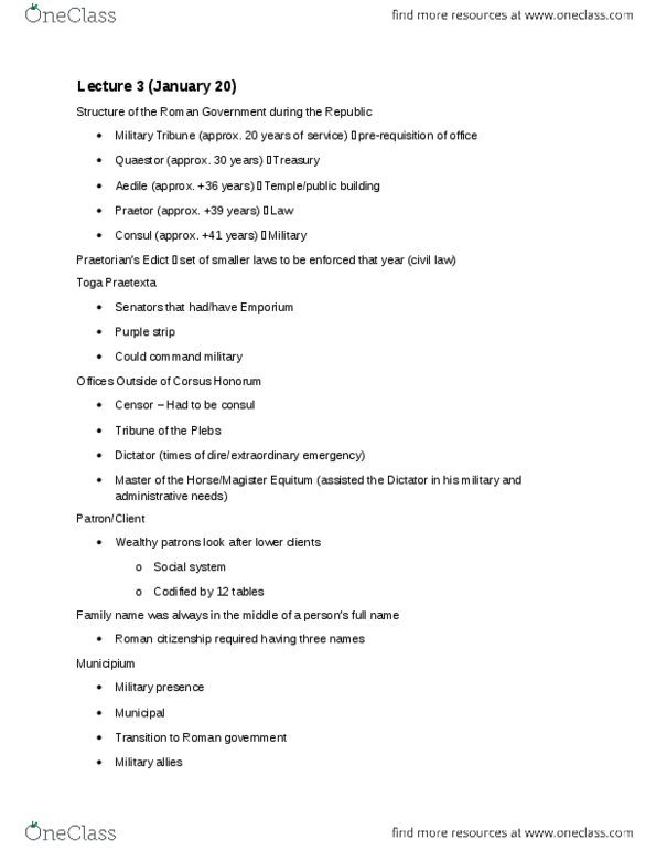 HISB11H3 Lecture Notes - Lecture 3: Aedile, Quaestor, Municipium thumbnail