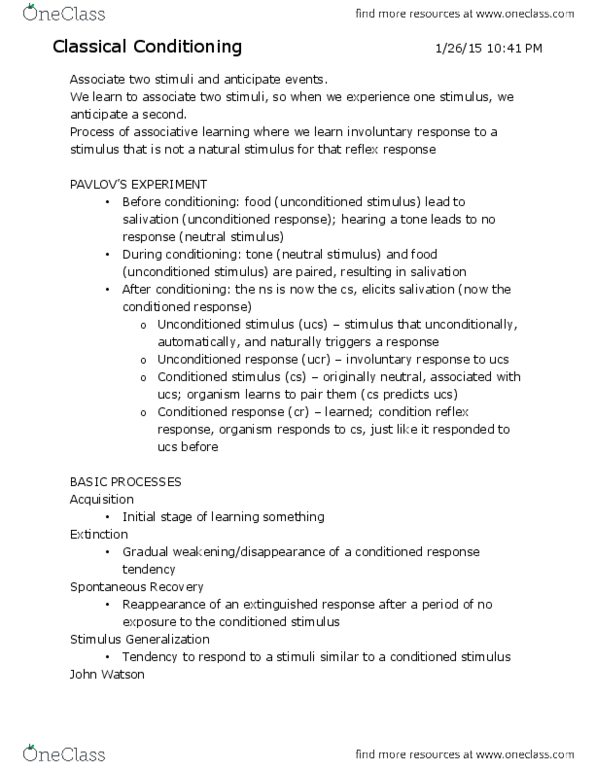 PY 101 Lecture Notes - Lecture 8: Observational Learning, Classical Conditioning thumbnail