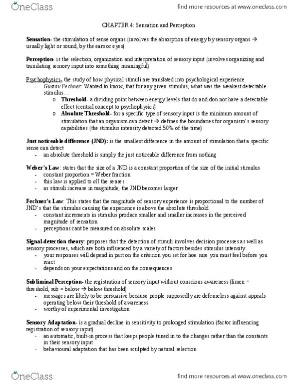 PS102 Chapter Notes - Chapter 4: Peripheral Vision, Gustav Fechner, Dominant Wavelength thumbnail