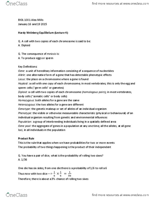 BIOL 1001 Lecture Notes - Lecture 4: Punnett Square, Antirrhinum, Allele Frequency thumbnail