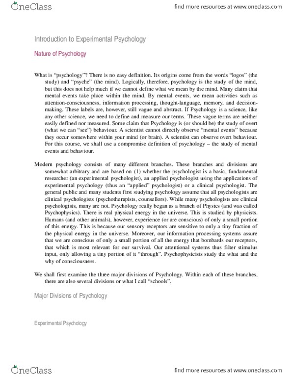 PSY 1101 Chapter Notes - Chapter 1: Ethology, Psychophysics, Behaviorism thumbnail