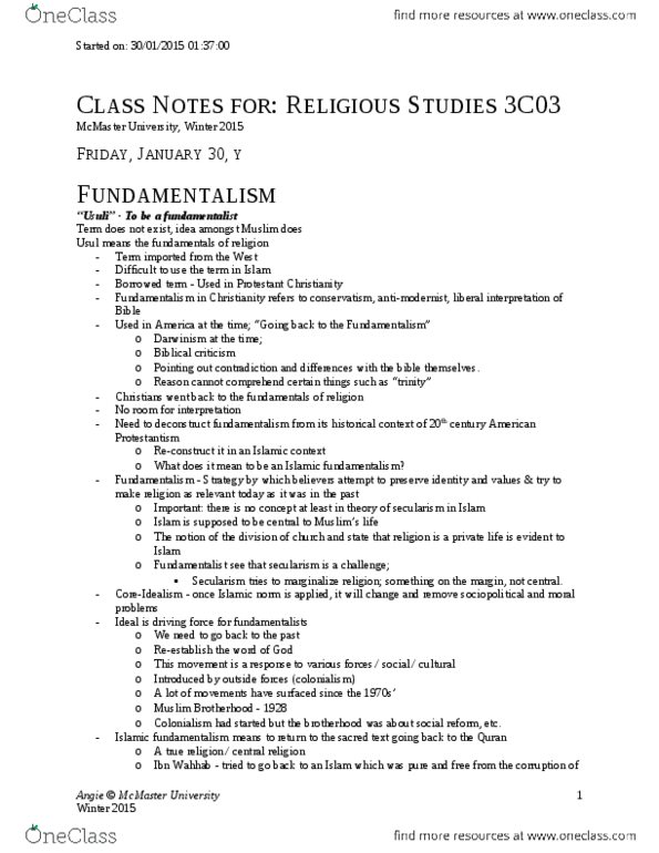 RELIGST 3C03 Lecture Notes - Lecture 8: Religious Intolerance, Islamic Fundamentalism, Ijtihad thumbnail