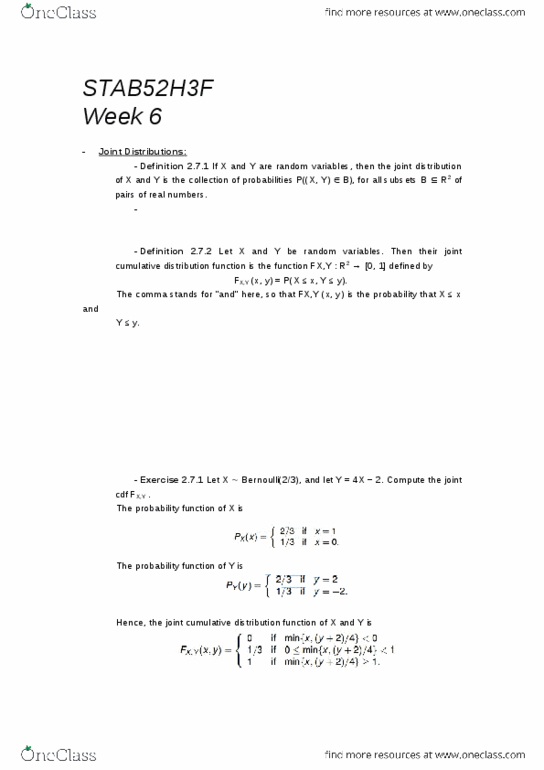 STAB52H3 Lecture Notes - Lecture 6: Joint Probability Distribution, Marginal Distribution, Absolute Continuity thumbnail