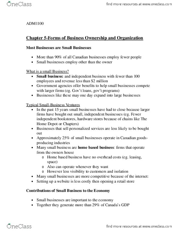 ADM 1100 Chapter Notes - Chapter Ch. 5: Franchising thumbnail