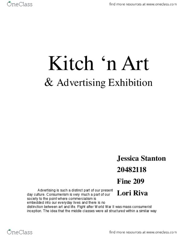 FINE209 Lecture Notes - Lecture 1: Norman Rockwell, Robert Rauschenberg, Kitsch thumbnail