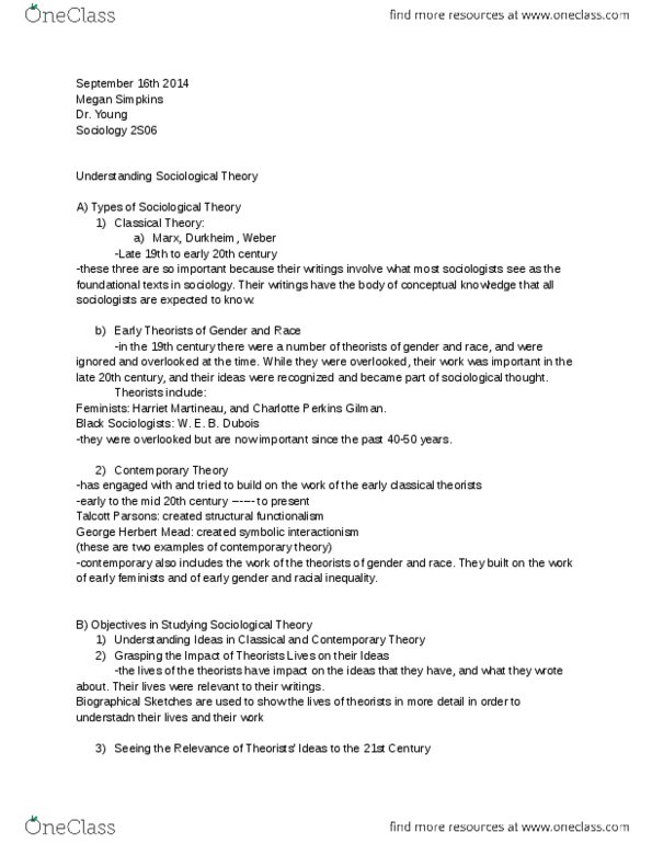 SOCIOL 2S06 Lecture Notes - Lecture 3: Structural Functionalism, George Herbert Mead, Symbolic Interactionism thumbnail