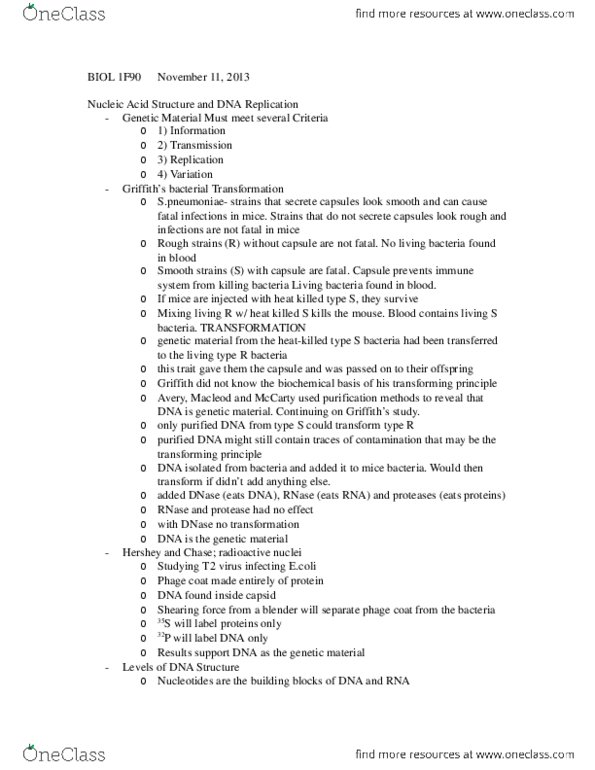 BIOL 1F90 Lecture Notes - Lecture 8: Ribose, Ribonuclease thumbnail