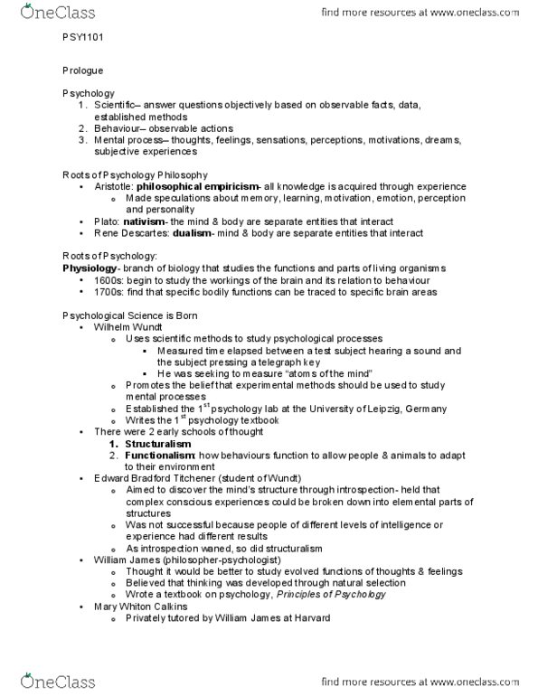 PSY 1101 Textbook Notes Winter 2015, Chapter 1 Cognitive Psychology