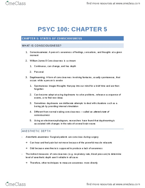 PSYC 100 Chapter Notes - Chapter 5: Monoamine Neurotransmitter, Sleep Spindle, Therapeutic Index thumbnail
