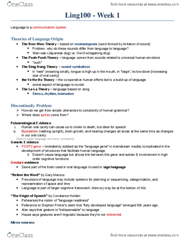 LING 100 Lecture Notes - Lecture 1: American Sign Language, Arbitrariness, Mirror Neuron thumbnail