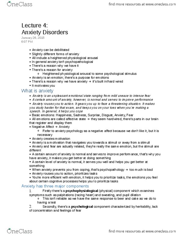 PSY315H5 Lecture 4: Lecture 4 - Anxiety Disorders.docx thumbnail