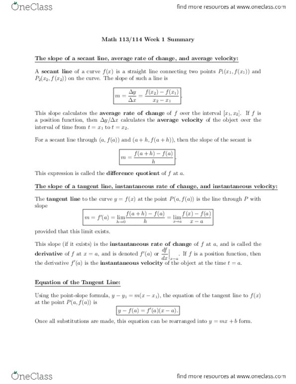 MATH114 Chapter Notes - Chapter 2.1: Difference Quotient, Tangent thumbnail