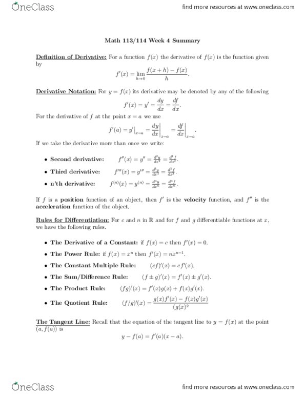 MATH114 Chapter Notes - Chapter 2.8: Tangent, Product Rule, Power Rule thumbnail