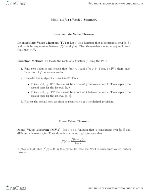 MATH114 Chapter Notes - Chapter 2.5: Intermediate Value Theorem, Maxima And Minima thumbnail