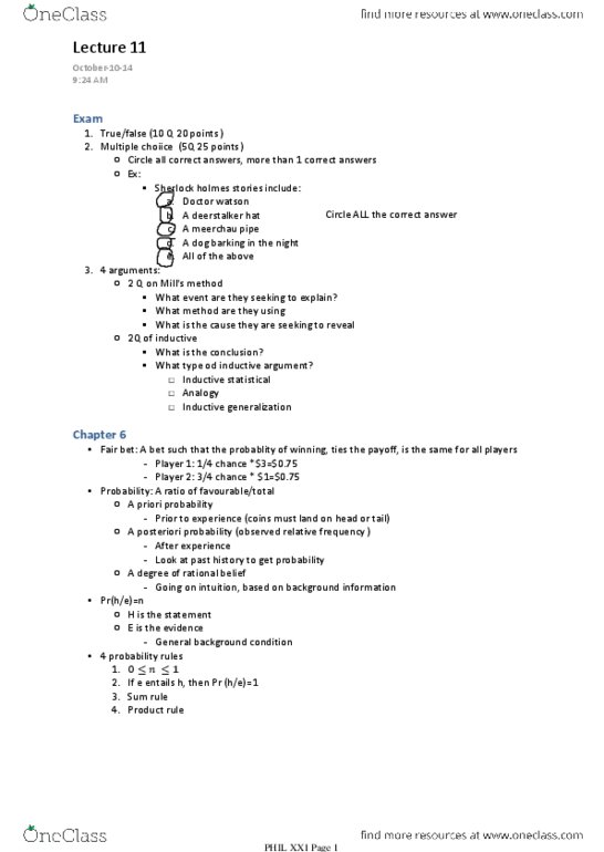 PHIL 105 Lecture Notes - Lecture 11: Product Rule, Deerstalker, A Priori Probability thumbnail