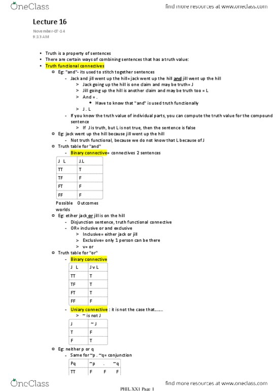 PHIL 105 Lecture Notes - Lecture 16: Sentence Clause Structure, Truth Table thumbnail