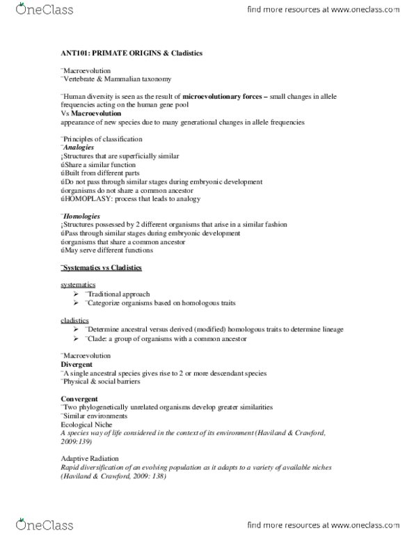 ANT101H5 Lecture Notes - Lecture 6: Plesiadapiformes, Quadrupedalism, Postorbital Bone thumbnail