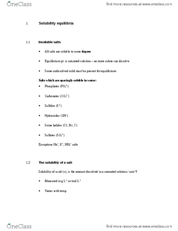 CAS CH 112 Chapter Notes - Chapter 2: Sodium Chloride, Reaction Quotient, Solubility Equilibrium thumbnail