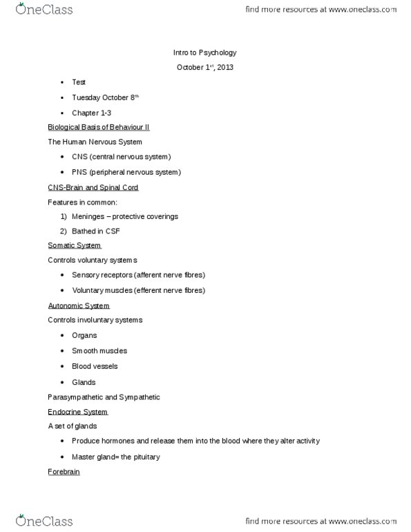 PSYC 1010 Lecture Notes - Lecture 6: Hypothalamus, Limbic System, Postcentral Gyrus thumbnail