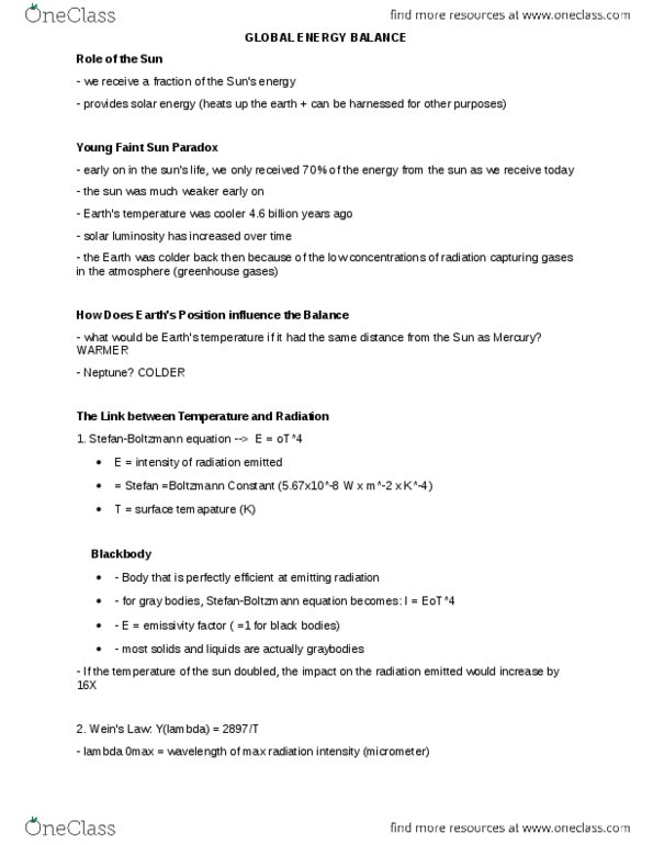 ENVIRSC 1A03 Lecture Notes - Lecture 5: Solar Irradiance, Longwave, Boltzmann Constant thumbnail