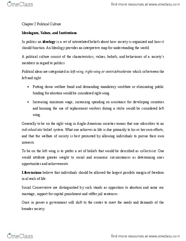POLS 2300 Chapter Notes - Chapter 2: English Canada, Classical Liberalism, Egalitarianism thumbnail