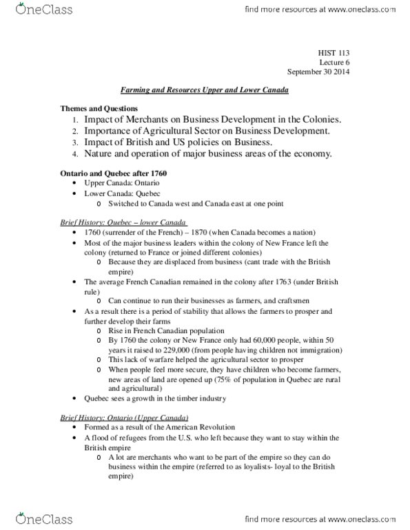 HIST113 Lecture 6: Lecture 6. Farming and Resources Upper and Lower Canada. Sept 30 2014.docx thumbnail