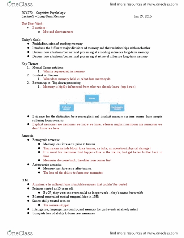 PSY270H5 Lecture Notes - Lecture 5: Phase 2, Anterograde Amnesia, Retrograde Amnesia thumbnail