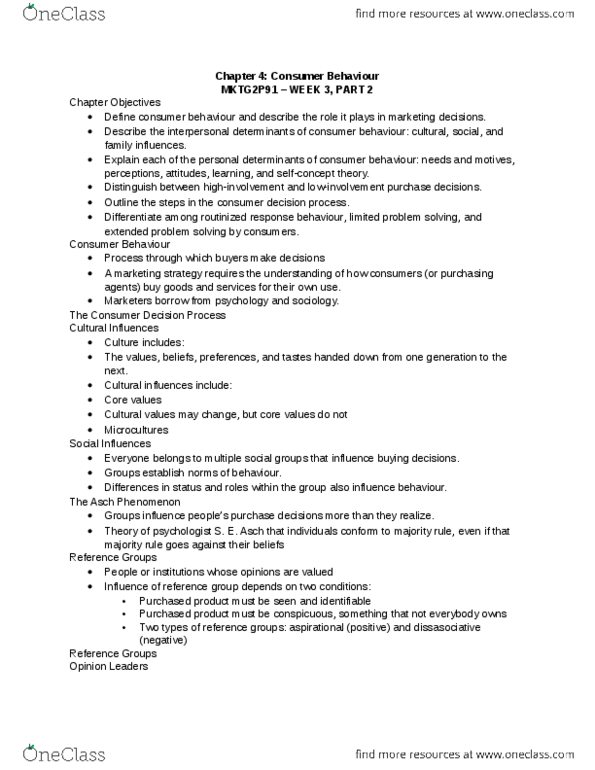 MKTG 2P91 Lecture Notes - Lecture 6: Cognitive Dissonance, Westjet, Reference Group thumbnail