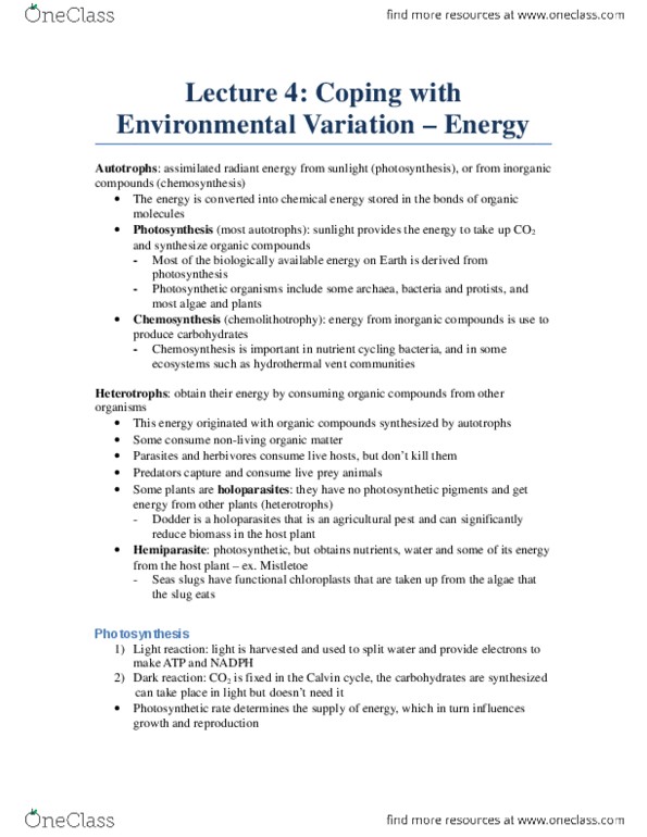 Biology 2483A Lecture Notes - Lecture 4: Heterotroph, Rubisco, Photorespiration thumbnail