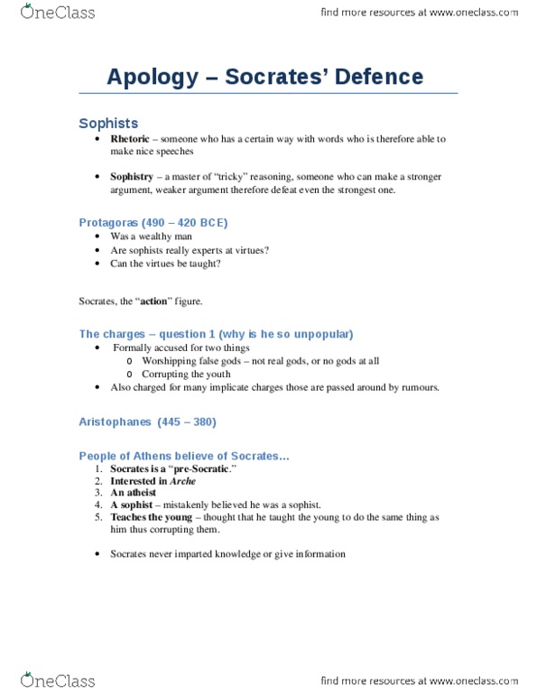 PHL 101 Lecture Notes - Lecture 6: Meletus, Sophist thumbnail