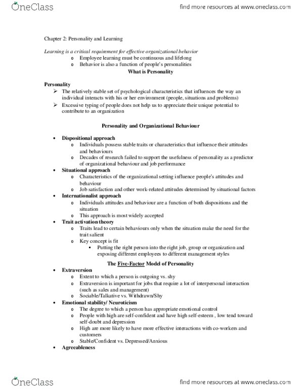 PSYC 3080 Chapter Notes - Chapter 2: Extraversion And Introversion, Conscientiousness thumbnail