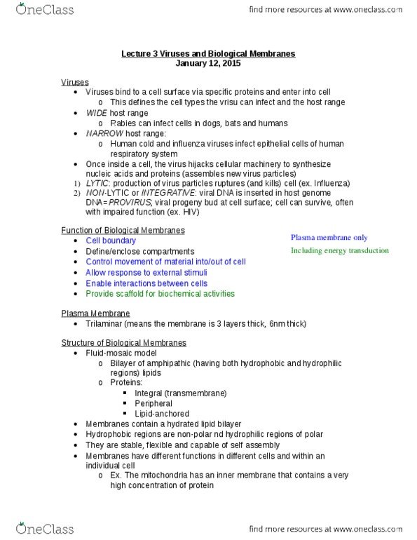 BIOL 1090 Lecture Notes - Lecture 3: Hydrophile, Glycolipid, Lipid Bilayer thumbnail