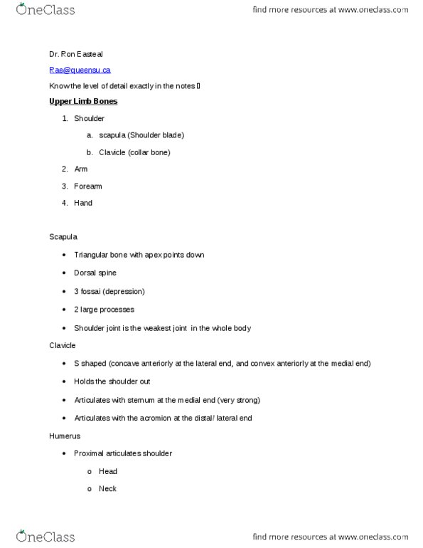 ANAT 101 Lecture Notes - Lecture 6: Metacarpal Bones, Carpal Bones, Trochlear Notch thumbnail