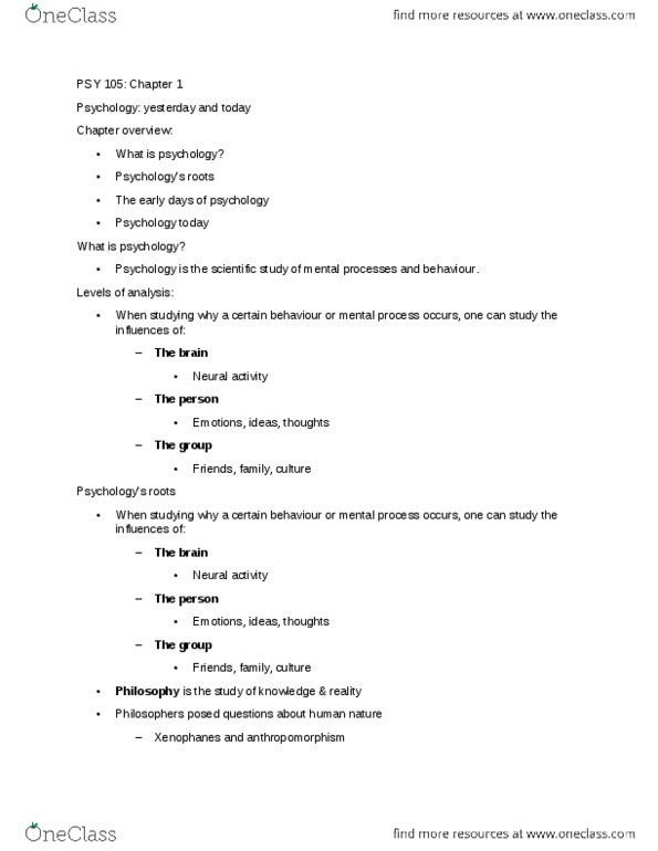 PSY 105 Chapter Notes - Chapter 1: Psychoanalysis, Sigmund Freud, Edward B. Titchener thumbnail