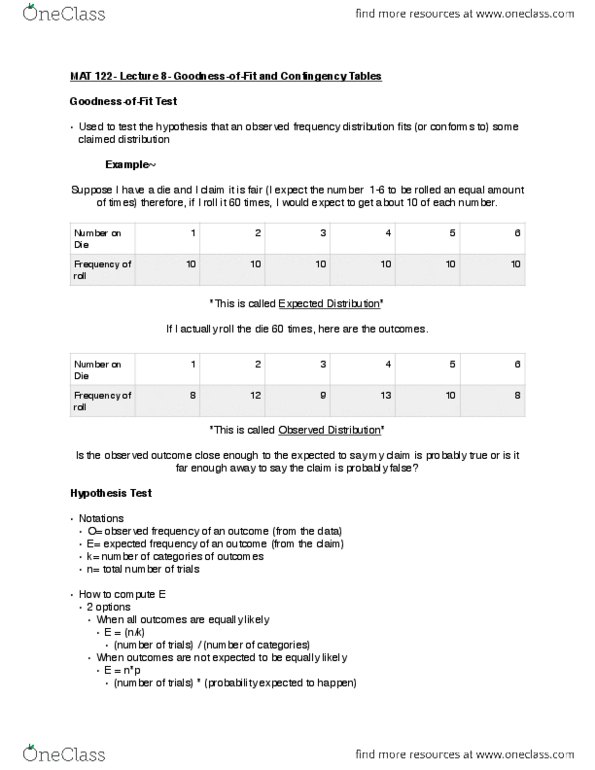 MAT 122 Lecture Notes - Lecture 8: Frequency Distribution, European Route E6, Test Statistic thumbnail