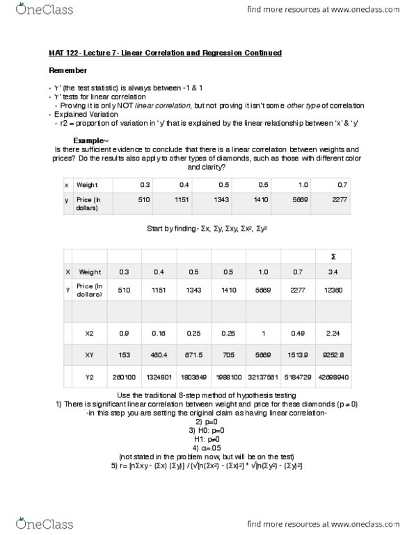 MAT 122 Lecture Notes - Lecture 7: X&Y, Explained Variation, Statistical Hypothesis Testing thumbnail