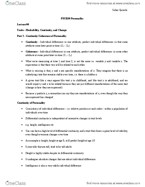 PSYB30H3 Lecture Notes - Lecture 6: Equivalence Class, Genotype, Sehar thumbnail