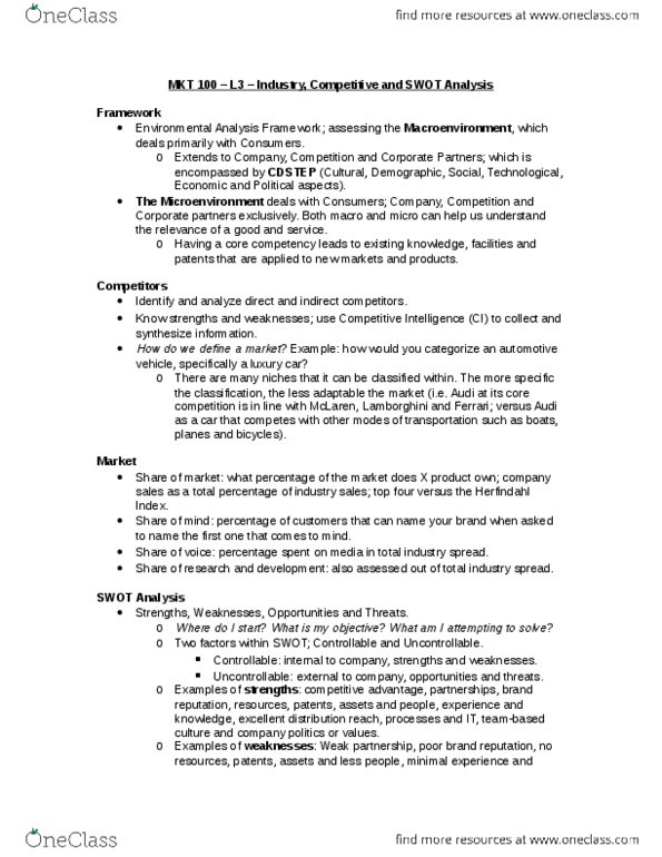 MKT 100 Lecture Notes - Lecture 3: Herfindahl Index, Luxury Vehicle, Swot Analysis thumbnail