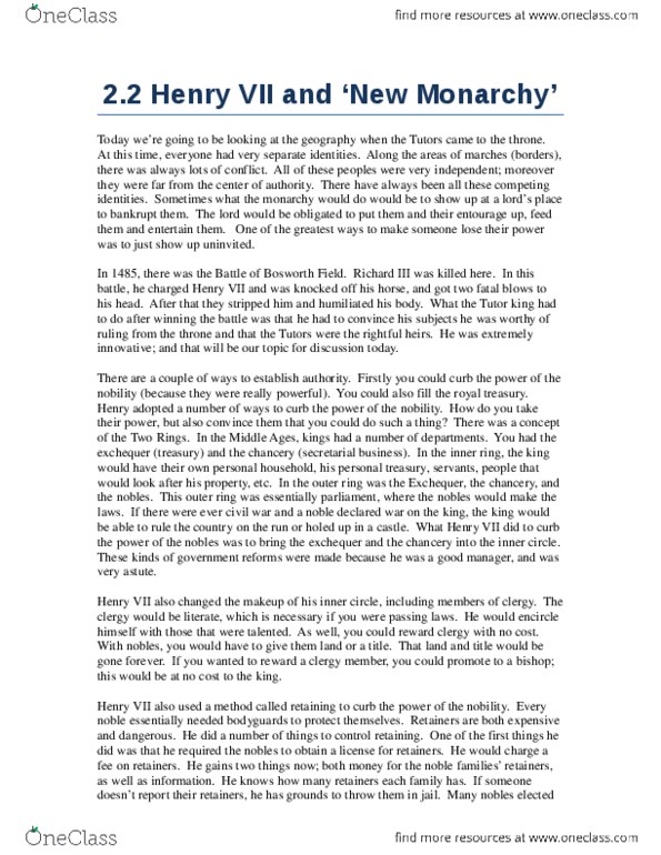 HIST 287 Lecture 4: 2.2 Henry VII and ‘New Monarchy’.docx thumbnail
