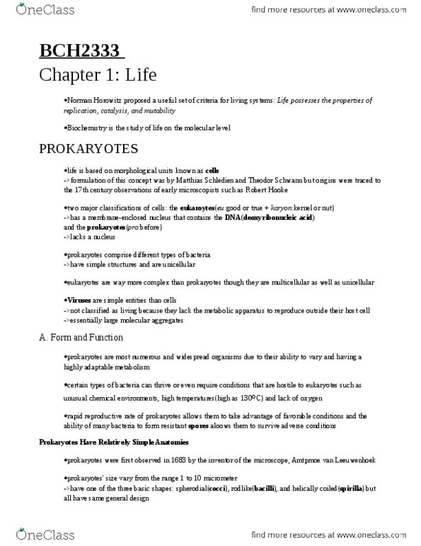 BCH 2333 Chapter Notes - Chapter 1: Keratin, Plant, Chromatin thumbnail
