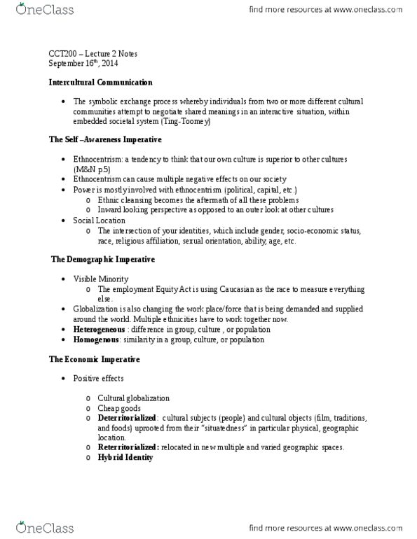 CCT200H5 Lecture Notes - Lecture 2: International Business, Marshall Mcluhan, Ethnic Cleansing thumbnail