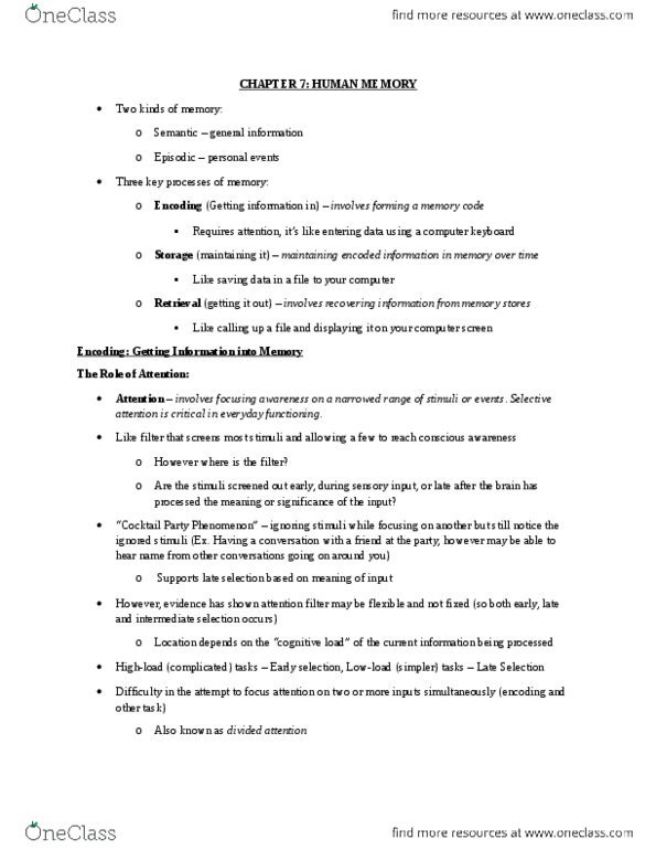 PSY100Y5 Lecture Notes - Lecture 7: Implicit Memory, Working Memory, Overlearning thumbnail