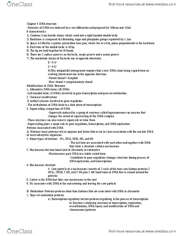 CAS BI 107 Chapter Notes - Chapter 4: Okazaki Fragments, Histone H2B, Arginine thumbnail
