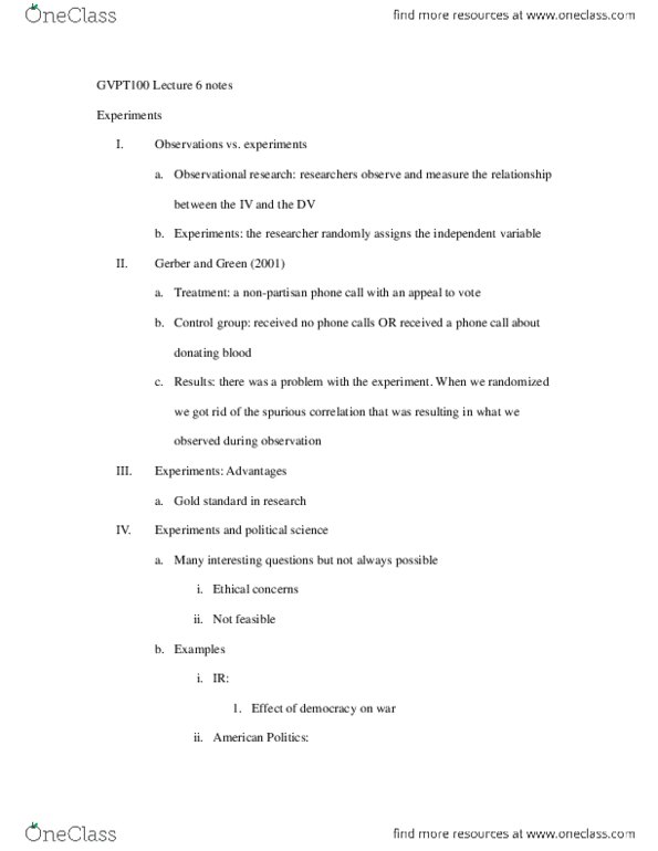 GVPT 100 Lecture Notes - Lecture 6: Random Assignment, Field Experiment, Experiment thumbnail