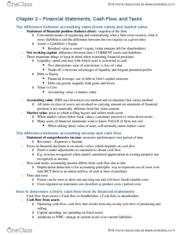 FIN 300 Chapter Notes - Chapter 2: Cash Flow, Financial Statement, Capital Cost Allowance thumbnail