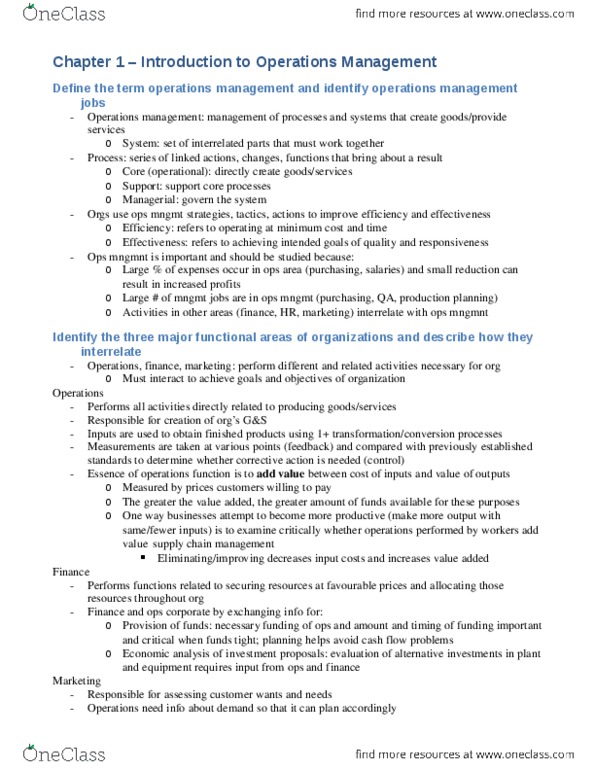 GMS 400 Chapter Notes - Chapter 1: Production Planning, Scientific Management, Operations Management thumbnail