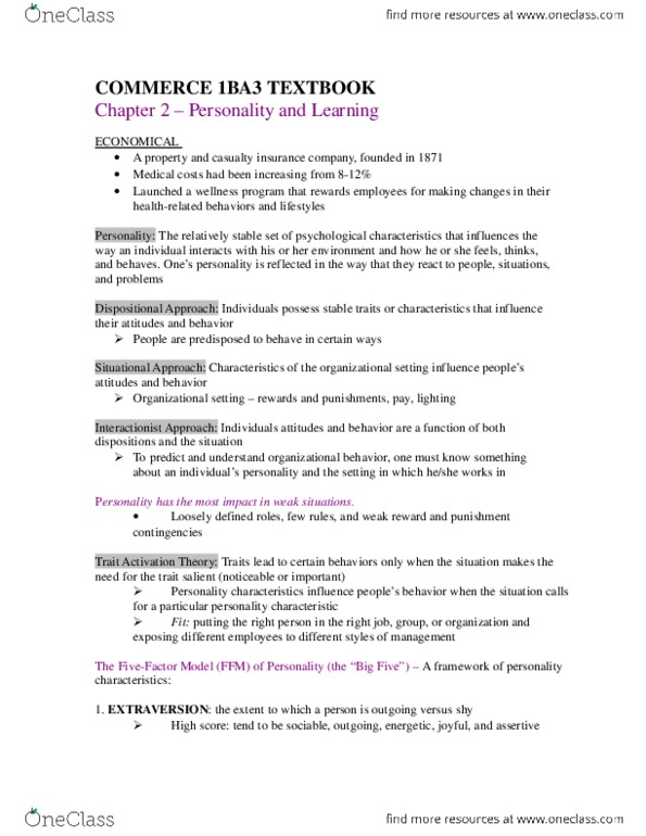 COMMERCE 1BA3 Chapter Notes - Chapter 2: Canoe.Com, Neuroticism, Job Performance thumbnail