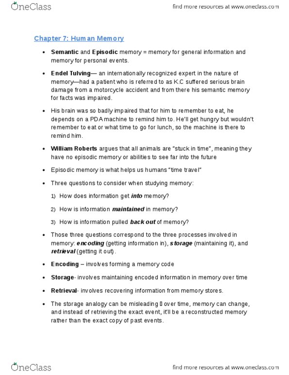 PSYC 1010 Chapter Notes - Chapter 7: Episodic Memory, Fergus I. M. Craik, Afterimage thumbnail